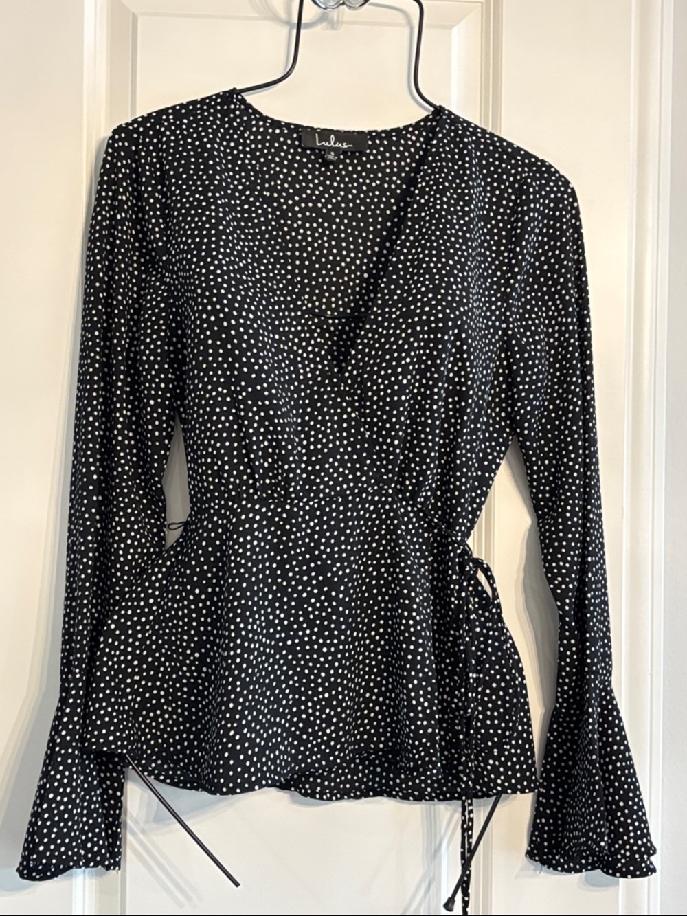 Lulus women’s black white polka dot Wrap Top with long Bellbottom Sleeves -Small